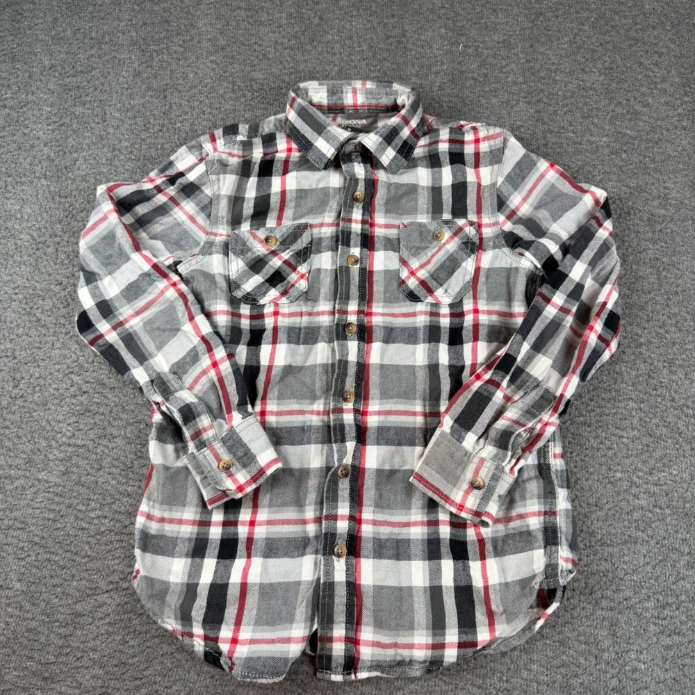 Arizona Flannel Button Down Boys M 10/12 Gray Red Plaid Long Sleeve Shirt